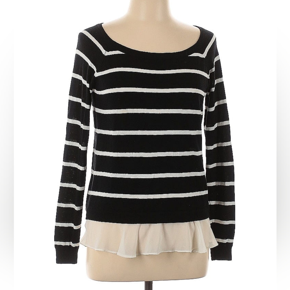 Aqua Black and White Ruffle Hem Layered Look Knit Top Lg